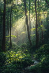 A Morning in the Enchanted Forest - The Serene Beauty of Sun-kissed Woodlands at Dawn