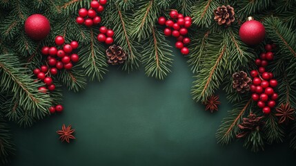 Festive holiday arrangement with red ornaments, pinecones, and greenery on a textured background