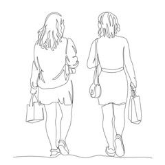 2 young women with shopping bags walking away. Back view. Continuous one line drawing. Black and white vector illustration in line art style.