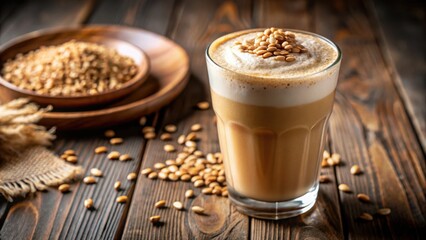 A close-up photo of a misugaru latte, a popular Korean multigrain shake, with selective focus and copy space