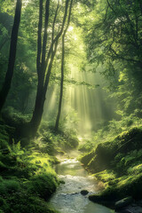 Obraz premium A Morning in the Enchanted Forest - The Serene Beauty of Sun-kissed Woodlands at Dawn