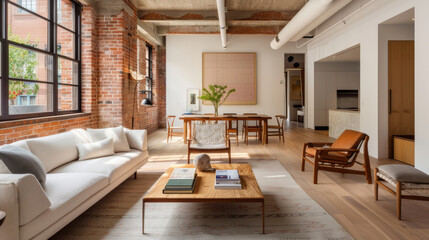 A modern loft with high ceilings and exposed brick walls, featuring stylish living area with comfortable sofa, wooden dining table, and elegant decor. space exudes warm and inviting atmosphere