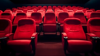 Obraz premium Red cinema or theater seats with armrests arranged in rows for watching movies. The movie screen is obscured from view, without people