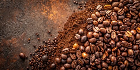 Close up of assorted roasted coffee beans, ground and whole, isolated on a brown grunge background