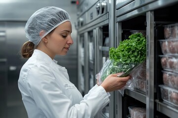 A woman in a white coat and hairnet takes lettuce from a commercial refrigerator.