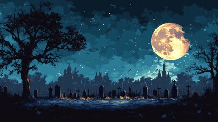 Naklejka premium A spooky graveyard under a full moon with a castle silhouette in the background
