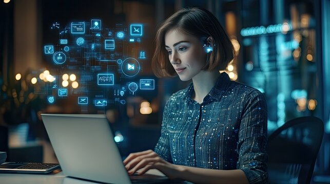 A beautiful short-haired project manager working on a laptop in an office. Augmented reality icons representing social media, IoT, and connectivity hover around the computer screen.