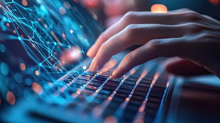 A close-up of a hand typing on a laptop keyboard with an abstract digital background, featuring glowing lines and data patterns, emphasizing technology and connectivity.