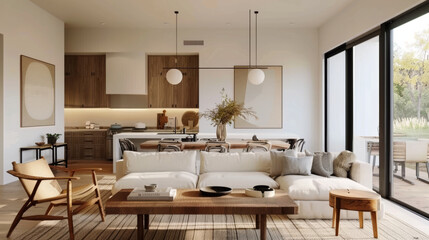 A modern open plan space featuring mix of textures, with cozy living area and dining space. design emphasizes natural light and warm atmosphere, perfect for relaxation