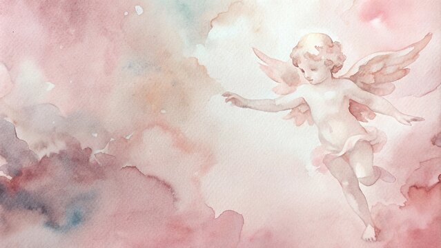Watercolor background featuring a cherub with copy space for Valentine's Day