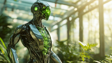 Futuristic bio-robot powered by photosynthesis stands in a sunlit greenhouse, blending advanced technology with nature, highlighting the concept of sustainable, eco-friendly artificial intelligence.