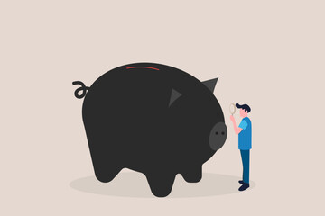 Businessman with magnifying glass looking piggy bank. concept of career growth, opportunity, and success