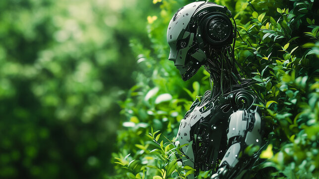 Futuristic bio-robot powered by photosynthesis stands in a sunlit greenhouse, blending advanced technology with nature, highlighting the concept of sustainable, eco-friendly artificial intelligence.