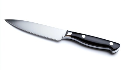 A big kitchen knife with a sleek, stainless steel blade and a black handle, isolated on a white background, perfect for a cooking or kitchen theme.