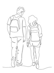 Couple walking away. Tourists with backpacks. Back view. Continuous one line drawing. Black and white vector illustration in line art style.