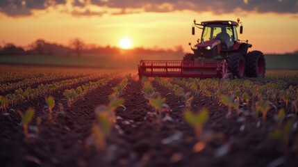 Fototapeta premium Tractor working in a vibrant field at sunset with colorful clouds and lush flowers