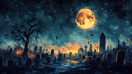 Naklejka premium A spooky graveyard under a full moon with a castle silhouette in the background