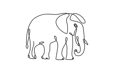 Continuous line of walking standing elephant. Single one line art of wild elephant. Vector illustration, elephant one line. Elephant with baby symbol. Continuous one line drawing. Logo of the elephant