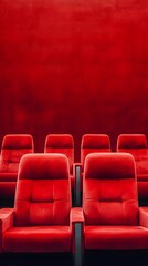 Fototapeta premium Red cinema or theater seats with armrests arranged in rows for watching movies. The movie screen is obscured from view, without people