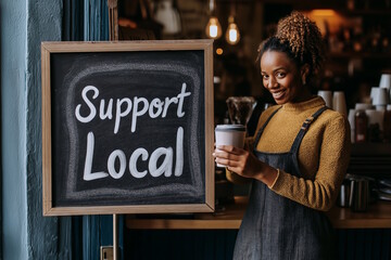 Smiling black woman barista holding coffee cup next to a support local sign, concept of small business and community support