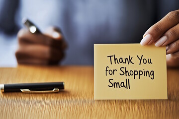 Person holding thank you for shopping small card, concept of customer appreciation and small business support