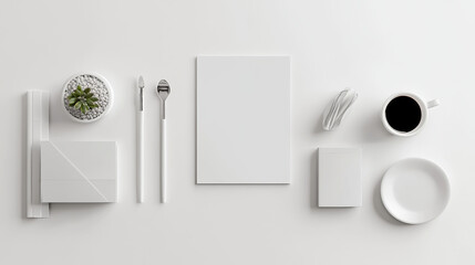 A flat lay composition on a white background, neatly arranged items, top-down view, minimal shadows