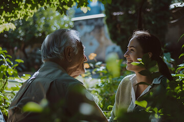 An elderly man with a female nurse in the park