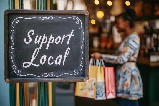 Woman walking out of a store with shopping bags near a support local sign, concept of supporting small businesses and local economy