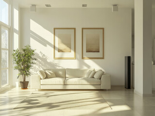 Bright Living Room with Neutral Decor and Nature-Inspired Artwork