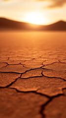 Obraz premium A desert landscape with a sun setting in the background. The sun is low on the horizon, casting a warm glow over the dry, cracked earth. Concept of solitude and tranquility