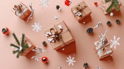 Festive holiday decorations with trees, gifts, and ornaments in a cozy indoor environment