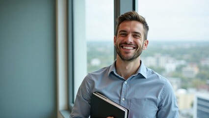 Smiling job candidate holding a notebook while standing by a window with a city view