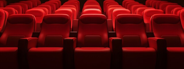 Naklejka premium Red cinema or theater seats with armrests arranged in rows for watching movies. The movie screen is obscured from view, without people