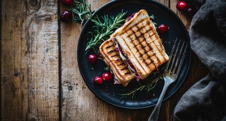 Grilled sandwich with herbs and cranberries on a rustic wooden table in natural light
