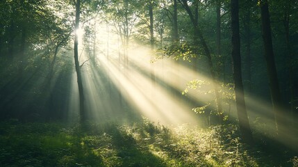 Sunbeams Filtering Through a Misty Forest