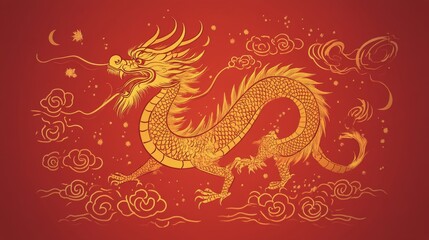 Golden dragon sculpture on a vibrant red background with an elegant, intricate design
