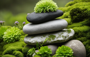 Serene Zen Garden with MossCovered Stones, AI generated green plants are growing in the background, Stack Of Zen Rocks In Garden Background, Stack rocks sitting top river zen natural background banner