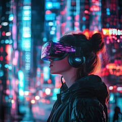Young Woman with Augmented Reality in Futuristic Cyberpunk City