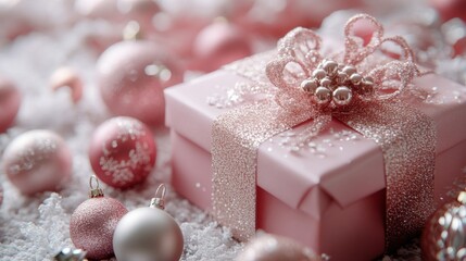 A beautifully wrapped pink gift surrounded by shimmering ornaments during the festive season