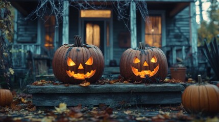 Obraz premium Spooky carved pumpkin glowing beside lantern and candle during Halloween night