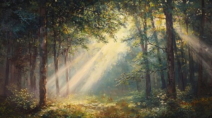 Fototapeta premium Sunbeams Illuminating a Dense Forest Clearing