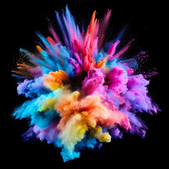 Obraz premium Explosion of colorful powder against black, bold and vibrant color scheme, voluminous forms creating dynamic and soft motion, rich textures and high contrast, energetic and powerful composition