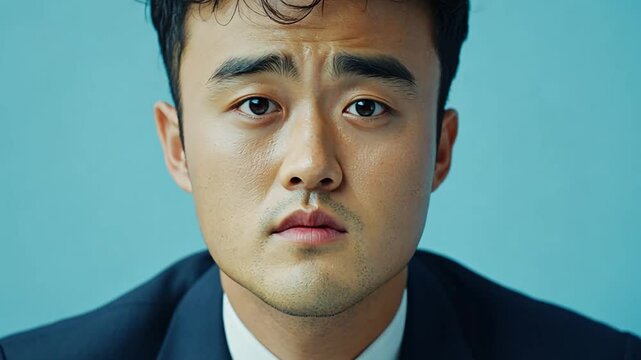 Thoughtful Asian Man in Suit Against Blue Background Generative AI