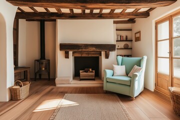 Fototapeta premium This rustic living room features a mint green armchair, wood furniture, and a stylish fireplace for a cozy vibe