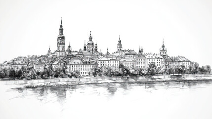 Fototapeta premium Kielce, Poland, black and white pen pencil hand-drawn effect drawing illustration for travel poster, card, wallpaper, backdrop or banner. Modern, clear, artistic and simple