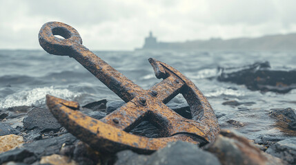 A rusty anchor is laying on the rocks in the ocean. The anchor is old and worn, and it seems to be a symbol of the passage of time. Concept of nostalgia and melancholy