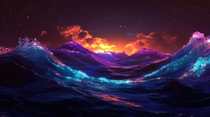 Fototapeta premium A glowing 3D ocean made of liquid metal waves reflecting neon light in a dark sky.