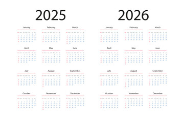 Calendar 2025, calendar 2026 week start Sunday vector template for corporate design set stationery. Desk calendar cover 2025, 2026 year minimalistic design in portrait orientation. Fully editable.