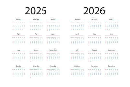 Calendar 2025, calendar 2026 week start Sunday vector template for corporate design set stationery. Desk calendar cover 2025, 2026 year minimalistic design in portrait orientation. Fully editable.