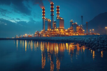 Naklejka premium Industrial Complex by the Water at Dusk